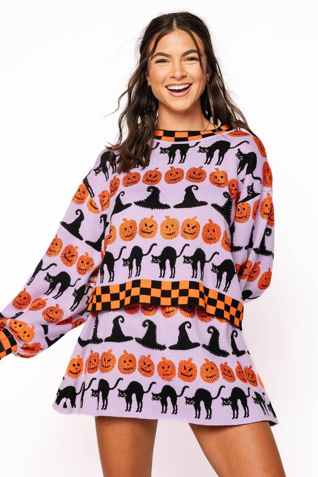 Queen Of Sparkles Lavender, Black and Orange Checker Trim Halloween Icon Sweater-Sweaters-Queen Of Sparkles-Deja Nu Boutique, Women's Fashion Boutique in Lampasas, Texas