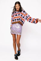 Queen Of Sparkles Lavender, Black and Orange Checker Trim Halloween Icon Sweater-Sweaters-Queen Of Sparkles-Deja Nu Boutique, Women's Fashion Boutique in Lampasas, Texas