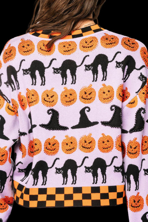 Queen Of Sparkles Lavender, Black and Orange Checker Trim Halloween Icon Sweater-Sweaters-Queen Of Sparkles-Deja Nu Boutique, Women's Fashion Boutique in Lampasas, Texas