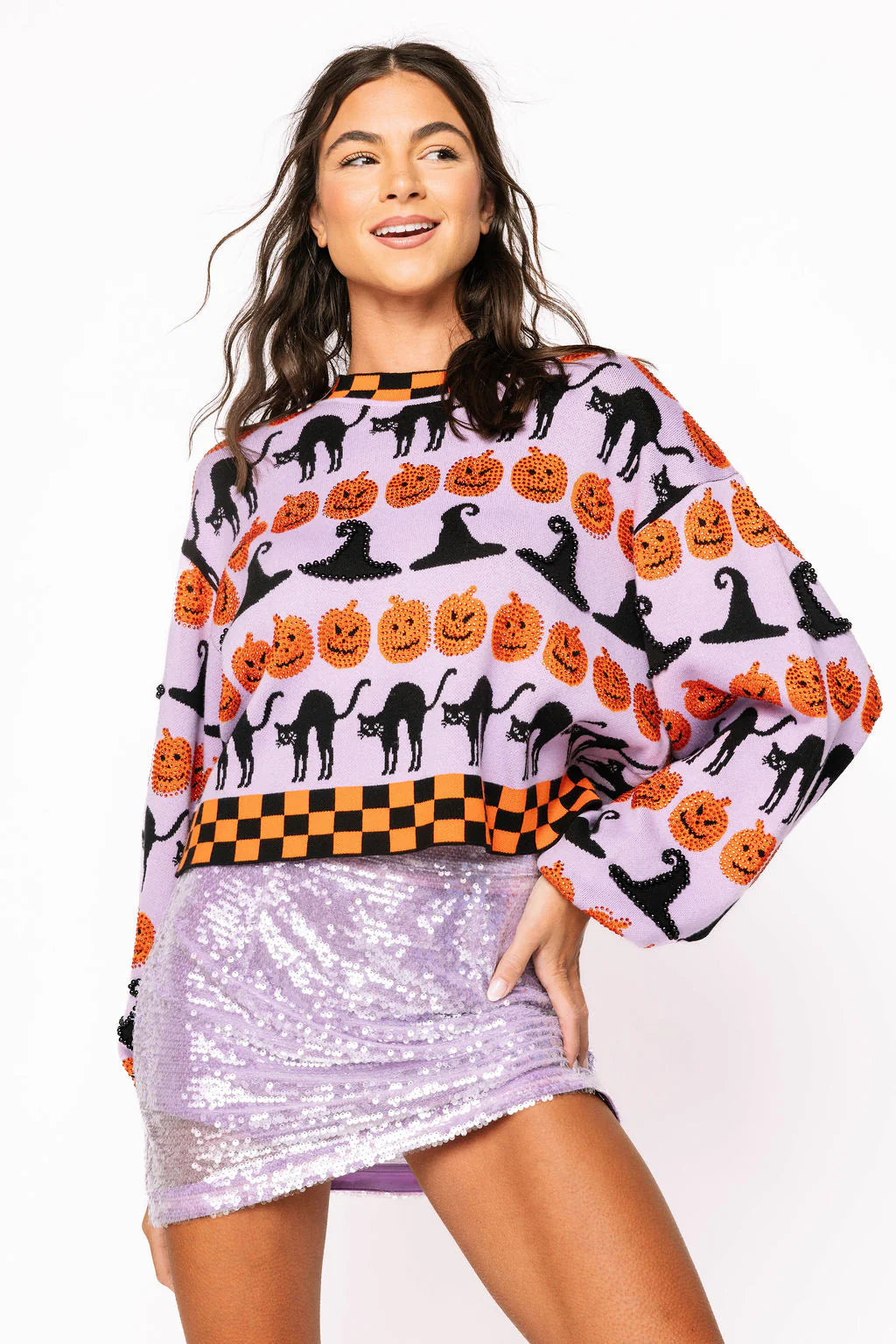 Queen Of Sparkles Lavender, Black and Orange Checker Trim Halloween Icon Sweater-Sweaters-Queen Of Sparkles-Deja Nu Boutique, Women's Fashion Boutique in Lampasas, Texas