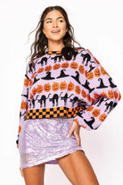 Queen Of Sparkles Lavender, Black and Orange Checker Trim Halloween Icon Sweater-Sweaters-Queen Of Sparkles-Deja Nu Boutique, Women's Fashion Boutique in Lampasas, Texas