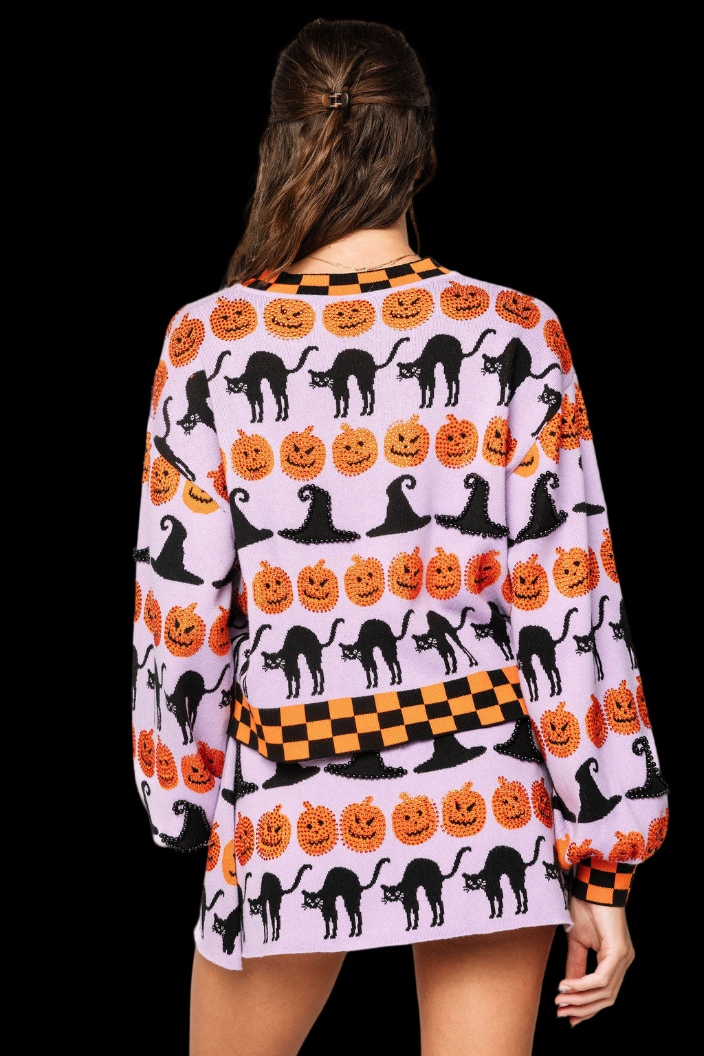 Queen Of Sparkles Lavender, Black and Orange Checker Trim Halloween Icon Sweater-Sweaters-Queen Of Sparkles-Deja Nu Boutique, Women's Fashion Boutique in Lampasas, Texas