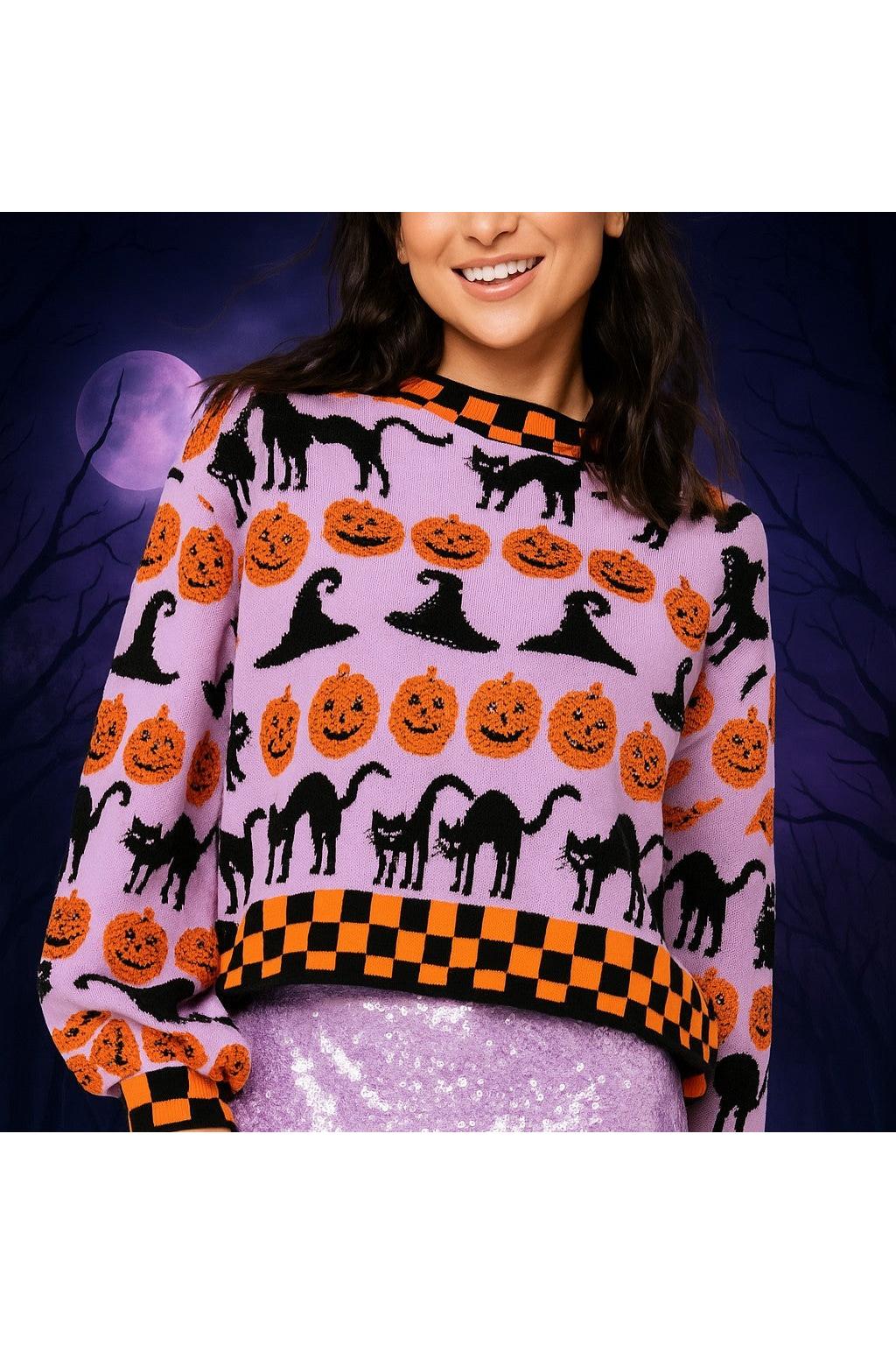 Queen Of Sparkles Lavender, Black and Orange Checker Trim Halloween Icon Sweater-Sweaters-Queen Of Sparkles-Deja Nu Boutique, Women's Fashion Boutique in Lampasas, Texas