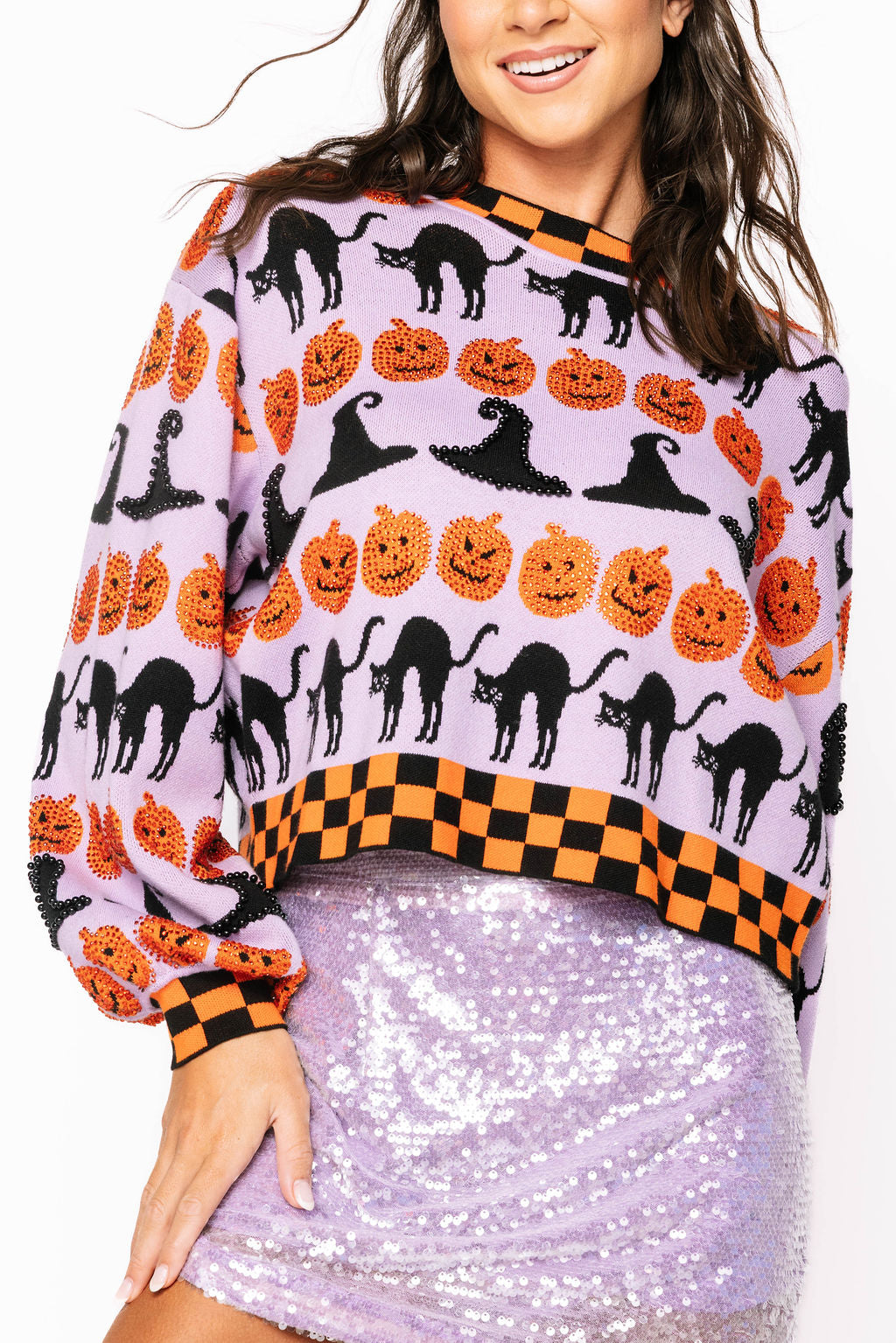 Queen Of Sparkles Lavender, Black and Orange Checker Trim Halloween Icon Sweater-Sweaters-Queen Of Sparkles-Deja Nu Boutique, Women's Fashion Boutique in Lampasas, Texas