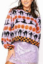 Queen Of Sparkles Lavender, Black and Orange Checker Trim Halloween Icon Sweater-Sweaters-Queen Of Sparkles-Deja Nu Boutique, Women's Fashion Boutique in Lampasas, Texas