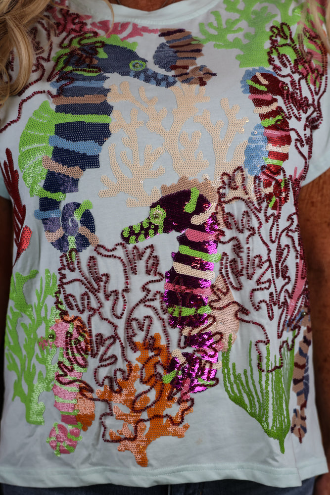 Queen Of Sparkles Light Blue Multi Coral & Seahorse Tee-T-Shirts-Queen Of Sparkles-Deja Nu Boutique, Women's Fashion Boutique in Lampasas, Texas