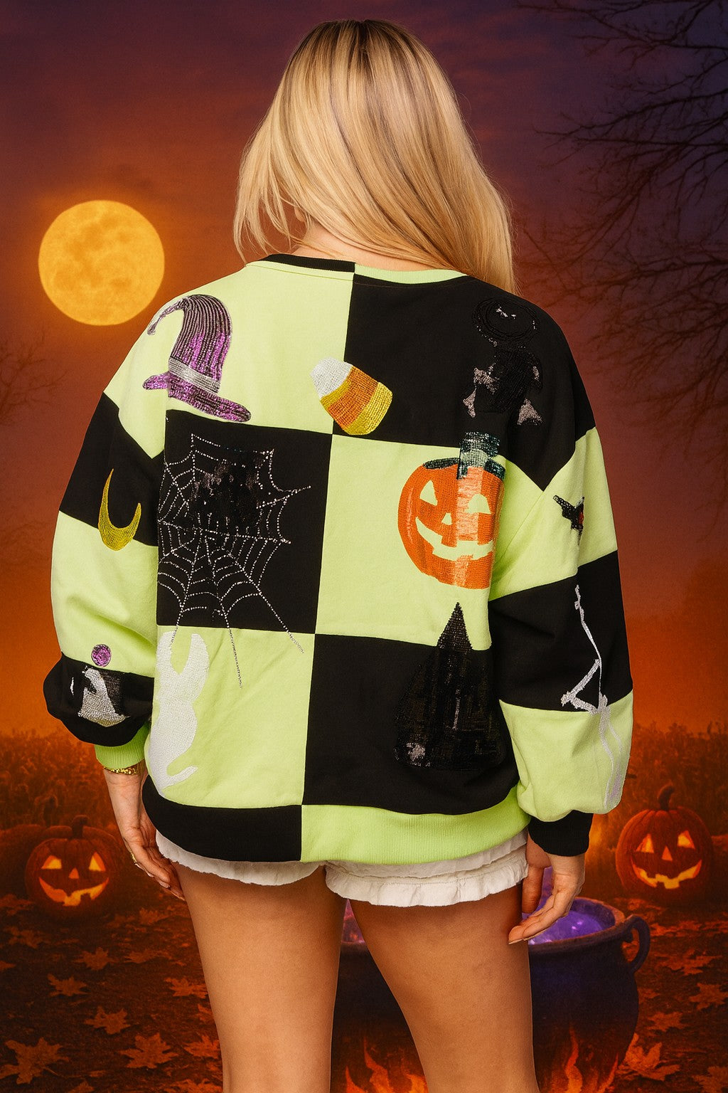 Queen Of Sparkles Light Green and Black Checkered Halloween Icon Sweatshirt-sweatshirt-Queen Of Sparkles-Deja Nu Boutique, Women's Fashion Boutique in Lampasas, Texas