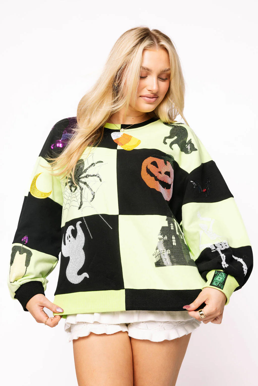 Queen Of Sparkles Light Green and Black Checkered Halloween Icon Sweatshirt-sweatshirt-Queen Of Sparkles-Deja Nu Boutique, Women's Fashion Boutique in Lampasas, Texas
