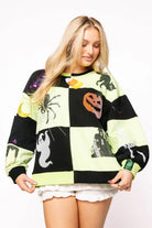 Queen Of Sparkles Light Green and Black Checkered Halloween Icon Sweatshirt-sweatshirt-Queen Of Sparkles-Deja Nu Boutique, Women's Fashion Boutique in Lampasas, Texas