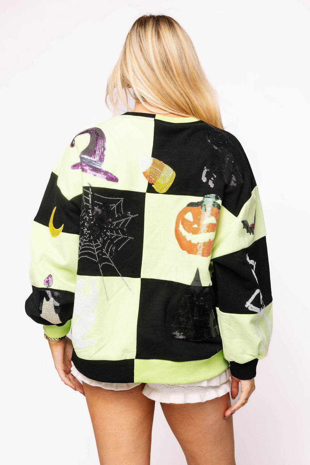 Queen Of Sparkles Light Green and Black Checkered Halloween Icon Sweatshirt-sweatshirt-Queen Of Sparkles-Deja Nu Boutique, Women's Fashion Boutique in Lampasas, Texas