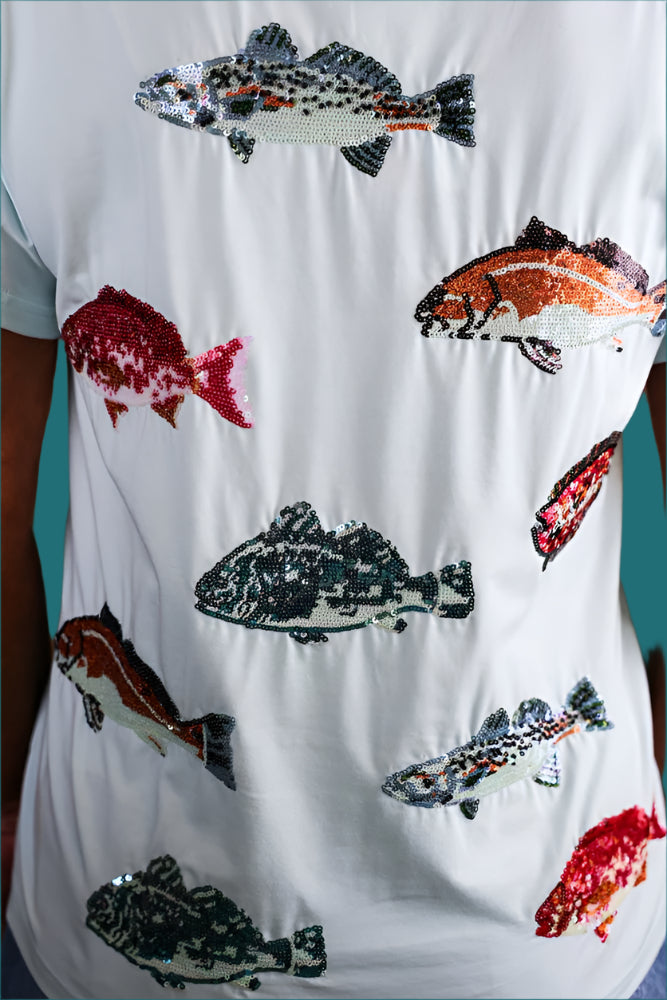 Queen Of Sparkles Mint Multi Fish Tee-Tops-Queen Of Sparkles-Deja Nu Boutique, Women's Fashion Boutique in Lampasas, Texas