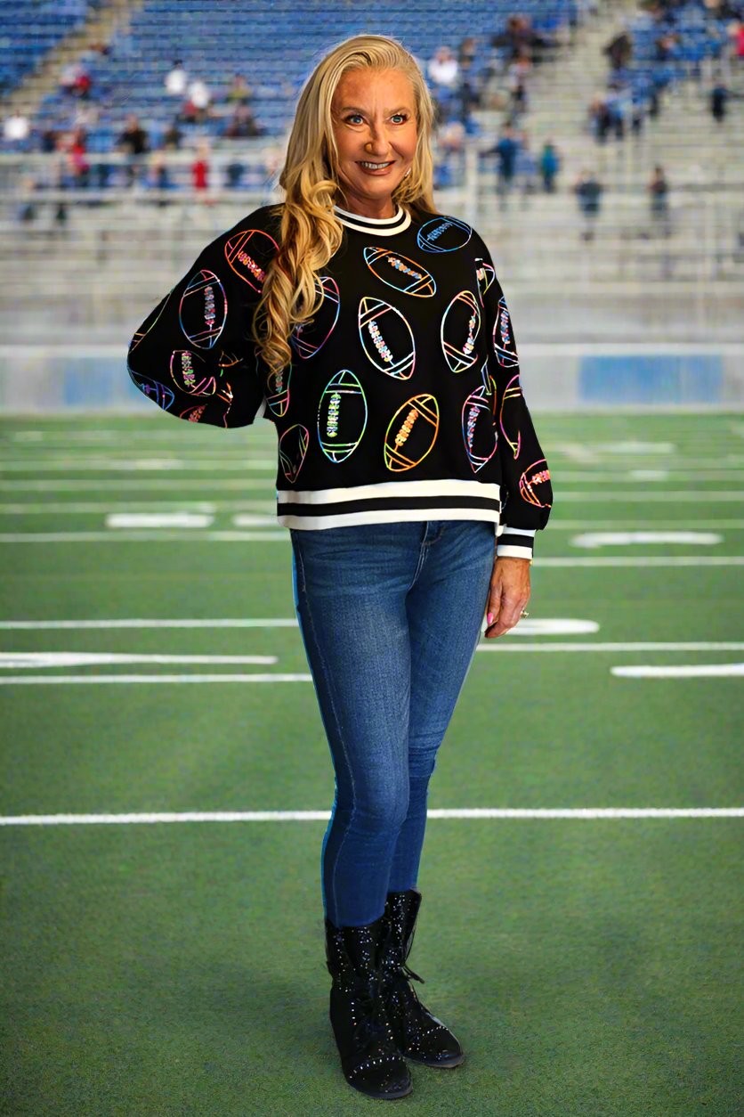 Queen Of Sparkles Multi Sequin Football Sport Stripe Sweatshirt-Tops-Queen Of Sparkles-Deja Nu Boutique, Women's Fashion Boutique in Lampasas, Texas