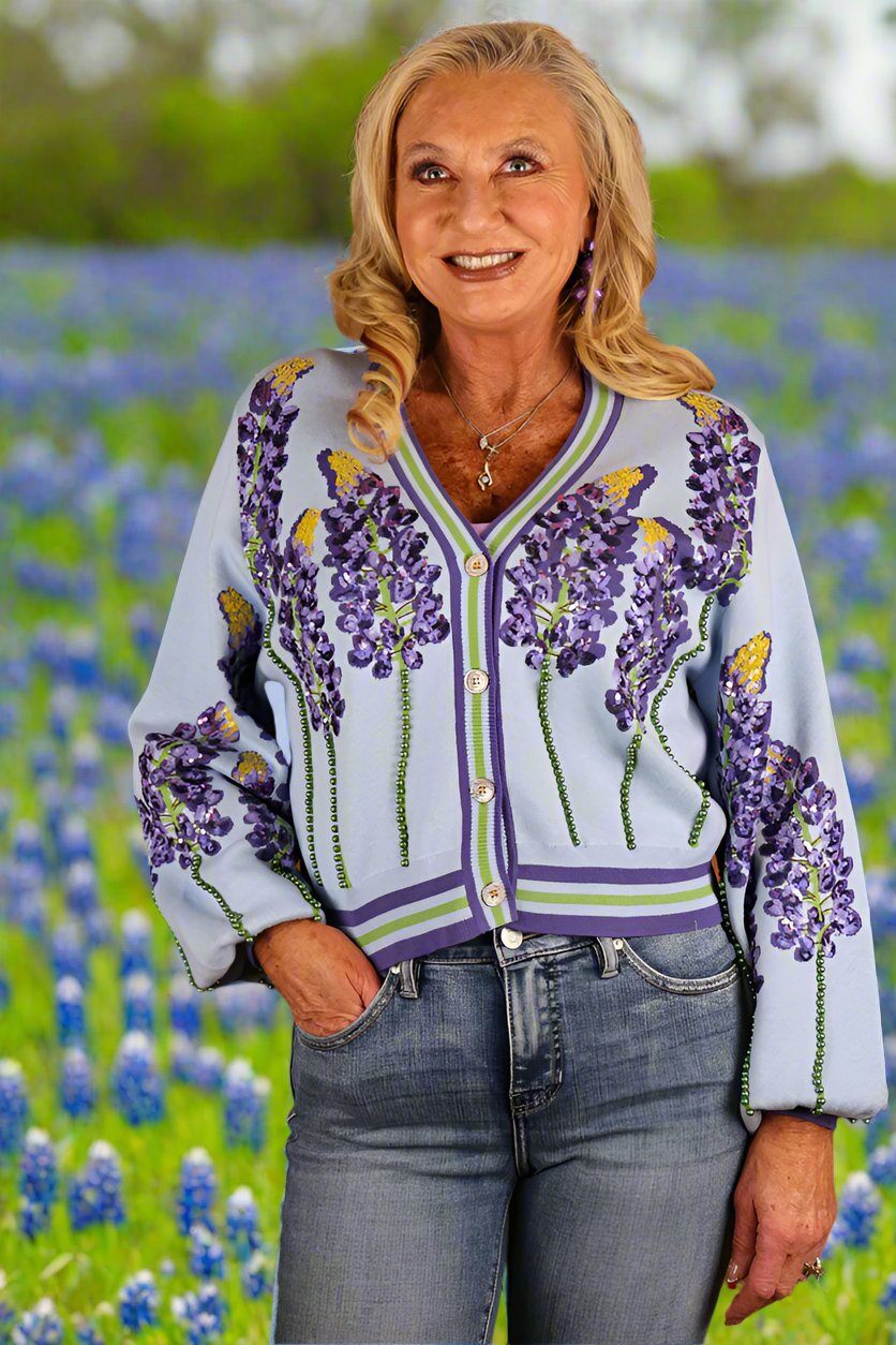 Queen Of Sparkles Pale Blue Bonnets Cardigan-Sweaters-Queen Of Sparkles-Deja Nu Boutique, Women's Fashion Boutique in Lampasas, Texas