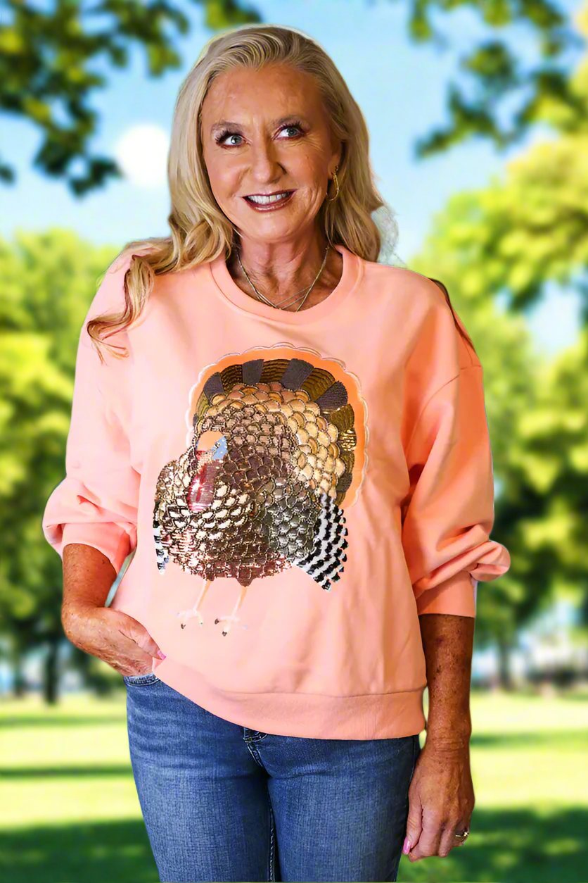 Queen Of Sparkles Peach Big Turkey Sweatshirt-Sweaters-Queen Of Sparkles-Deja Nu Boutique, Women's Fashion Boutique in Lampasas, Texas