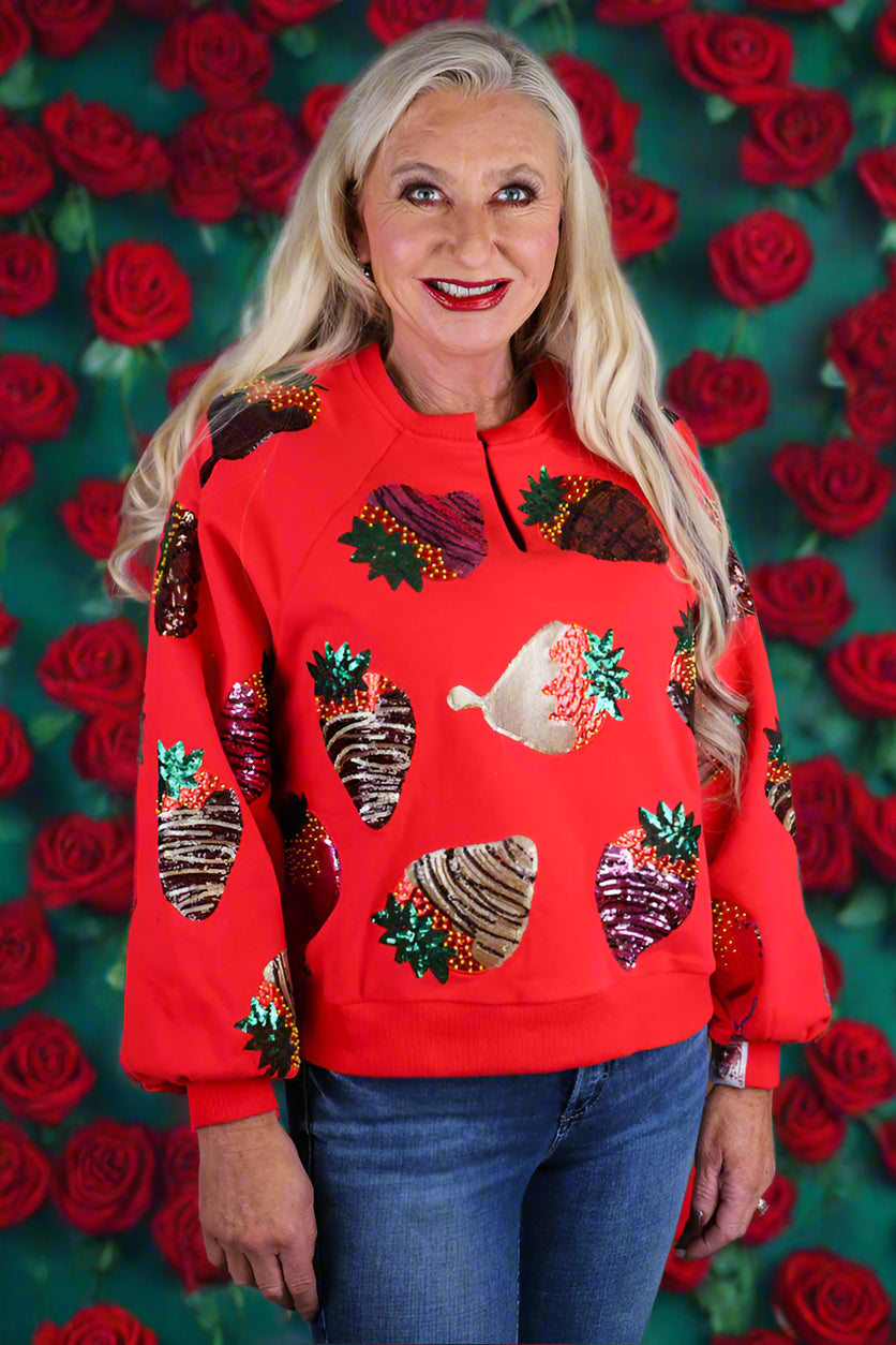 Queen Of Sparkles Red Chocolate Covered Strawberries Sweatshirt-Sweaters-Queen Of Sparkles-Deja Nu Boutique, Women's Fashion Boutique in Lampasas, Texas