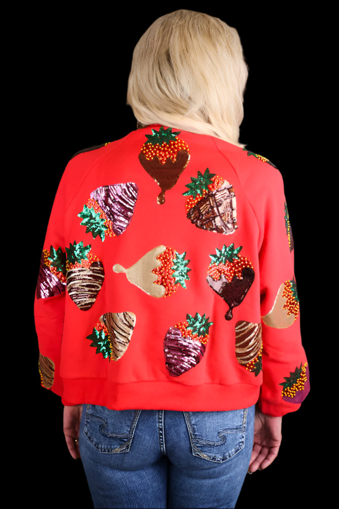 Queen Of Sparkles Red Chocolate Covered Strawberries Sweatshirt-Sweaters-Queen Of Sparkles-Deja Nu Boutique, Women's Fashion Boutique in Lampasas, Texas