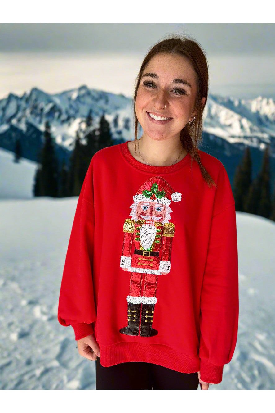 Queen Of Sparkles Red Metallic Santa Nutcracker Sweatshirt-Sweaters-Queen Of Sparkles-Deja Nu Boutique, Women's Fashion Boutique in Lampasas, Texas