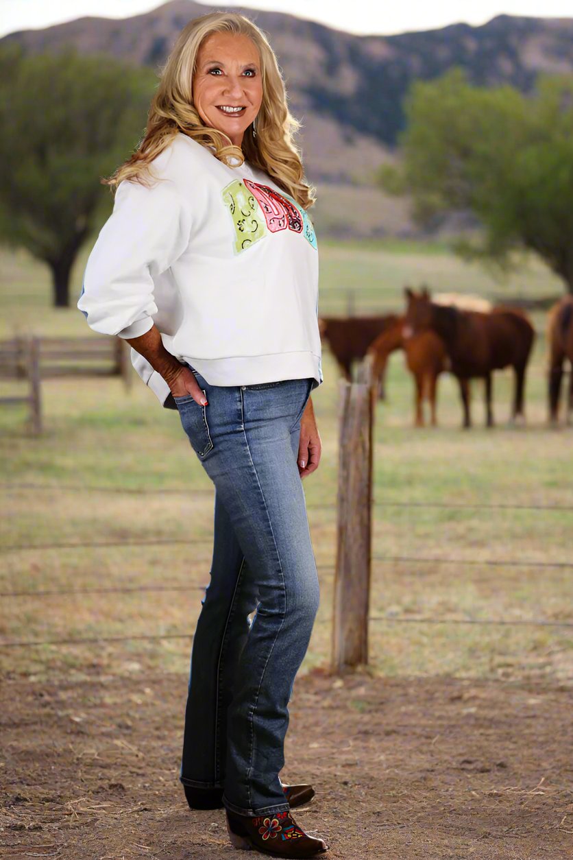 Queen Of Sparkles White Multi Bandana Sequin Rodeo Sweatshirt-Sweaters-Queen Of Sparkles-Deja Nu Boutique, Women's Fashion Boutique in Lampasas, Texas