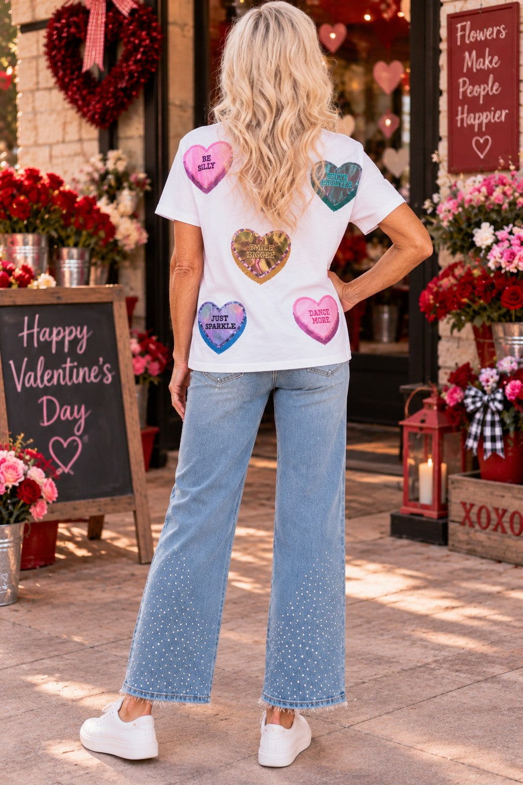Queen Of Sparkles White Positive Candy Hearts Tee-Tops-Queen Of Sparkles-Deja Nu Boutique, Women's Fashion Boutique in Lampasas, Texas