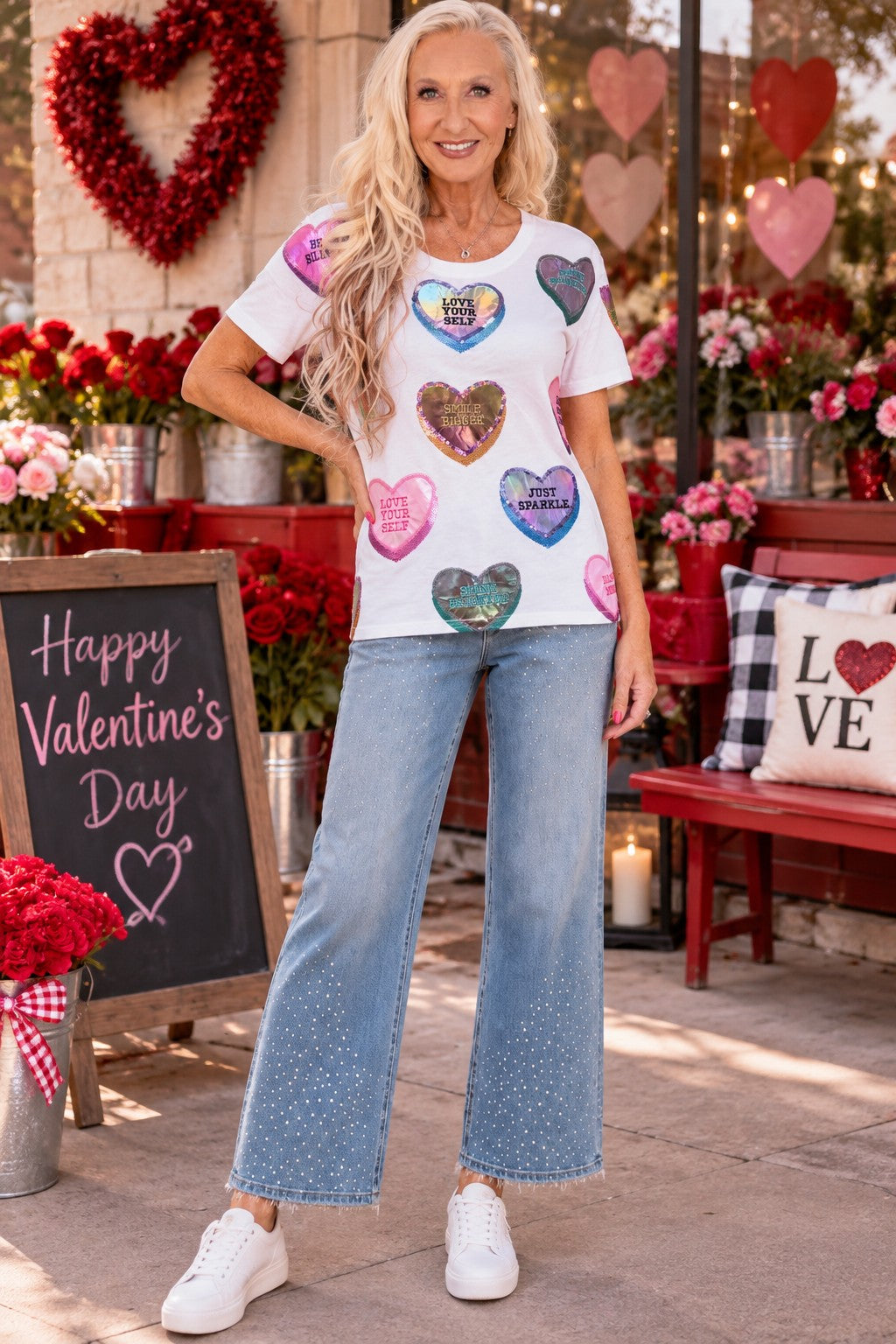 Queen Of Sparkles White Positive Candy Hearts Tee-Tops-Queen Of Sparkles-Deja Nu Boutique, Women's Fashion Boutique in Lampasas, Texas