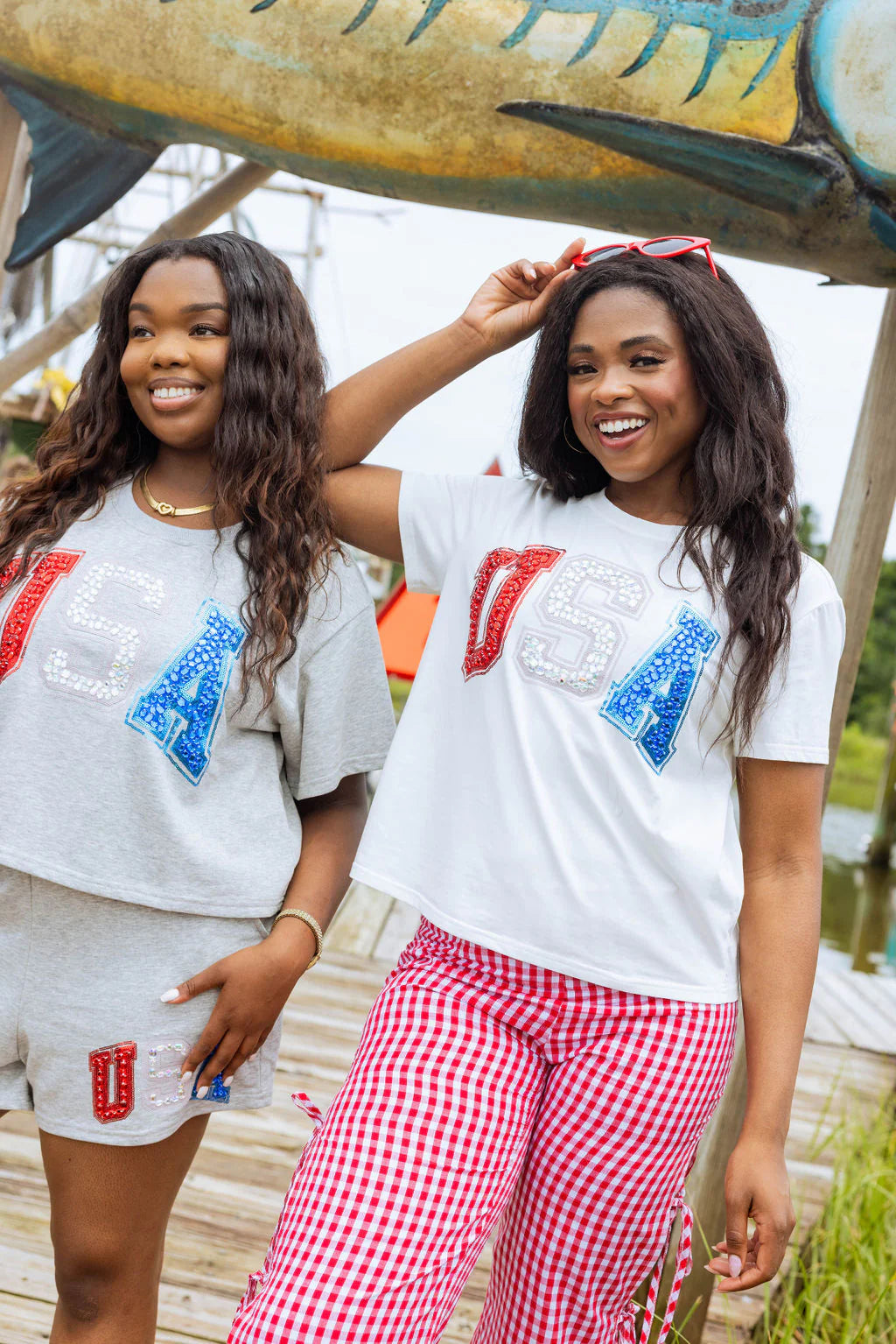 Queen Of Sparkles White Rhinestone Beaded “USA” Tee-Tops-Queen Of Sparkles-Deja Nu Boutique, Women's Fashion Boutique in Lampasas, Texas