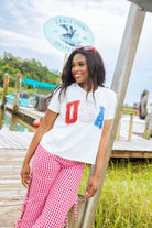 Queen Of Sparkles White Rhinestone Beaded “USA” Tee-Tops-Queen Of Sparkles-Deja Nu Boutique, Women's Fashion Boutique in Lampasas, Texas