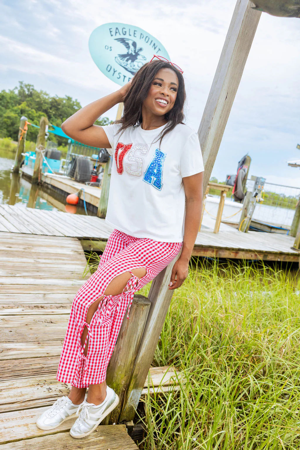 Queen Of Sparkles White Rhinestone Beaded “USA” Tee-Tops-Queen Of Sparkles-Deja Nu Boutique, Women's Fashion Boutique in Lampasas, Texas