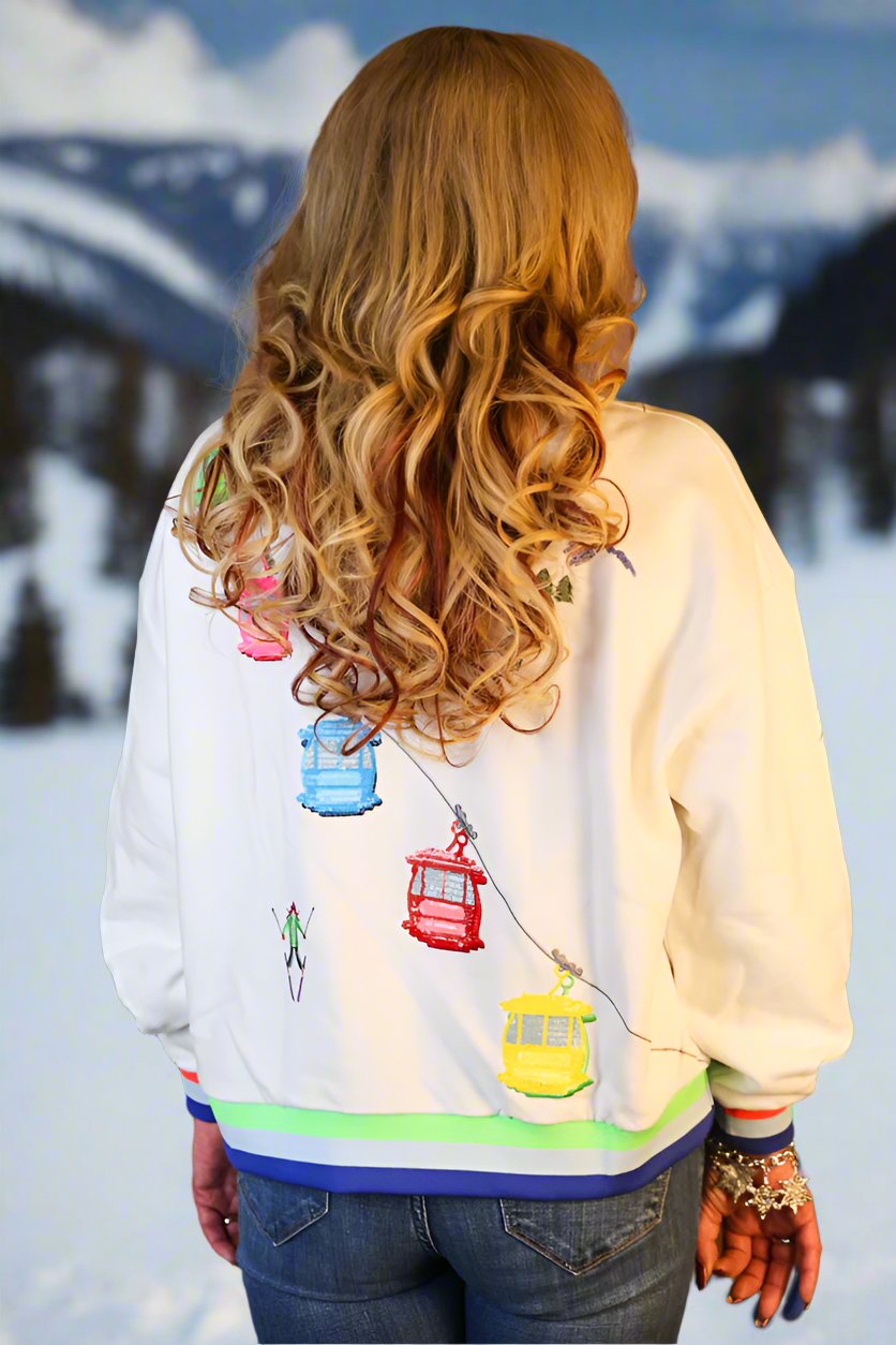 Queen Of Sparkles White Ski Lift On Gondola Sweatshirt-Sweaters-Queen Of Sparkles-Deja Nu Boutique, Women's Fashion Boutique in Lampasas, Texas