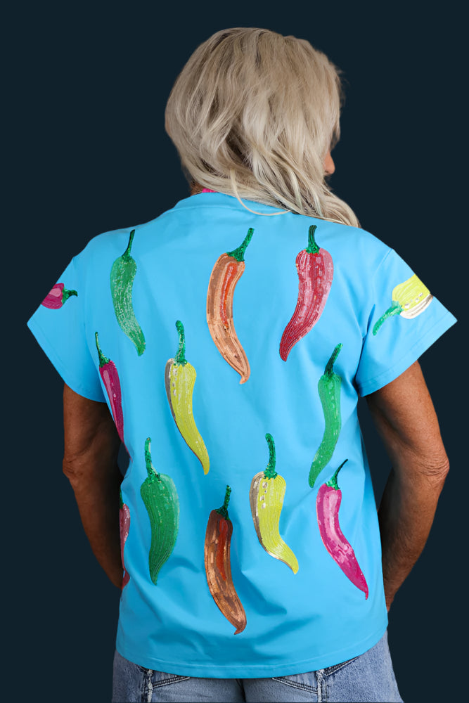 Queen of Sparkles Aqua Multi Chili Pepper Sequin Tee-Tops-Queen Of Sparkles-Deja Nu Boutique, Women's Fashion Boutique in Lampasas, Texas