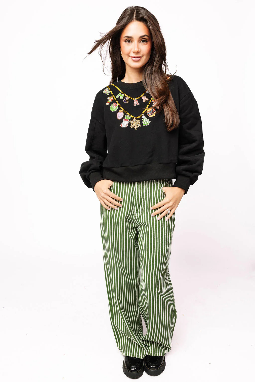 Queen of Sparkles Black Christmas Necklace Sweatshirt-sweatshirt-Queen Of Sparkles-Deja Nu Boutique, Women's Fashion Boutique in Lampasas, Texas