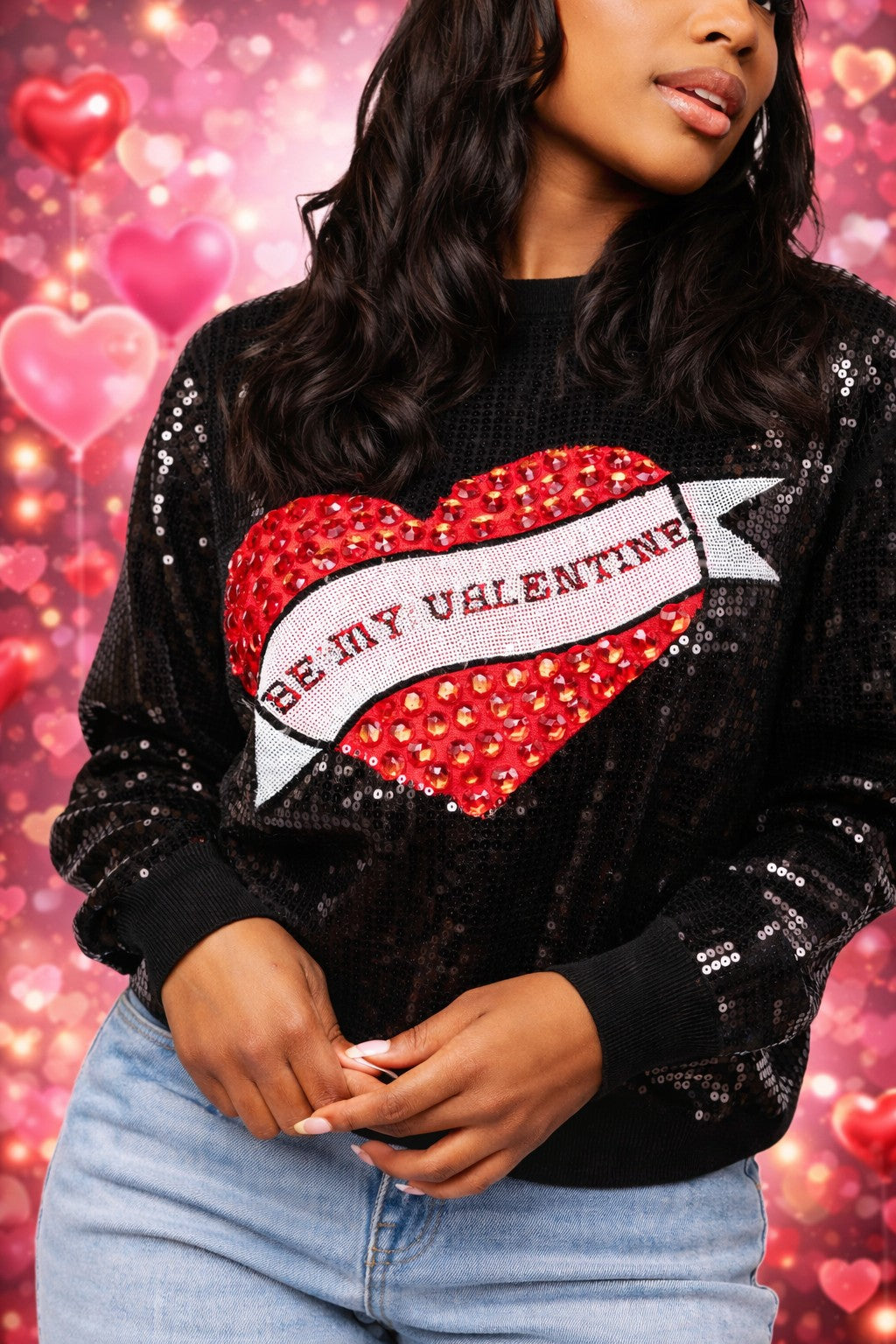 Queen of Sparkles Black Full Sequin “Be My Valentine” Jeweled Heart Sweater-Sweaters-Queen Of Sparkles-Deja Nu Boutique, Women's Fashion Boutique in Lampasas, Texas