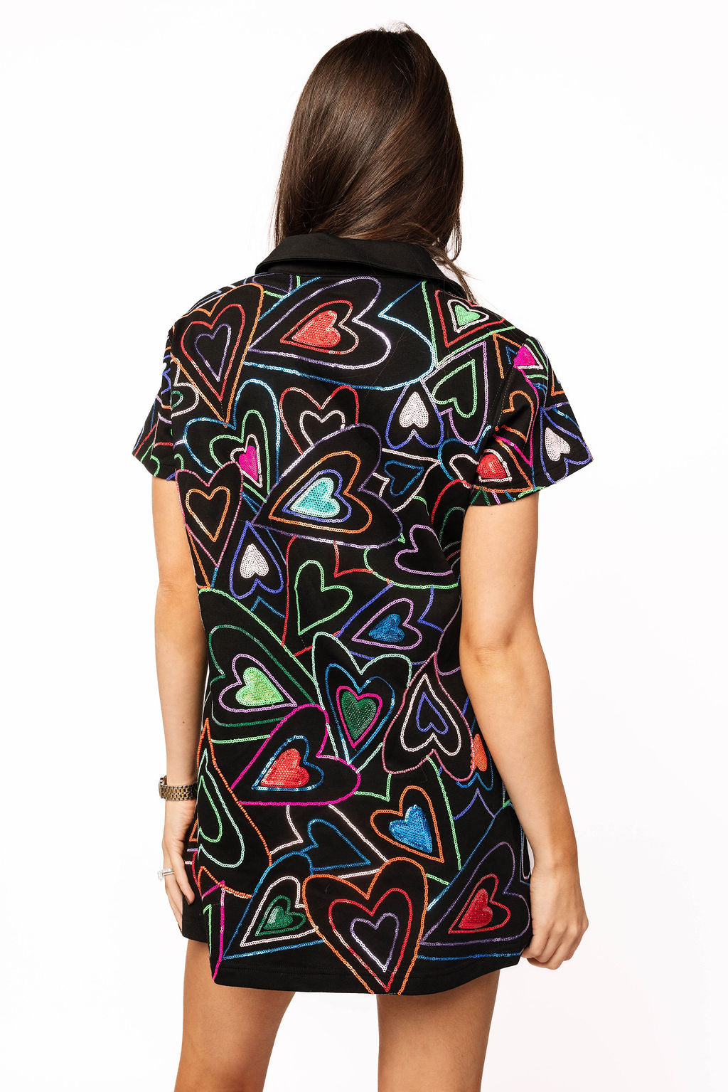 Queen of Sparkles Black Groovy Sequin Heart Collared Short Sleeve Dress-mini dress-Queen Of Sparkles-Deja Nu Boutique, Women's Fashion Boutique in Lampasas, Texas