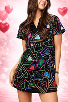 Queen of Sparkles Black Groovy Sequin Heart Collared Short Sleeve Dress-mini dress-Queen Of Sparkles-Deja Nu Boutique, Women's Fashion Boutique in Lampasas, Texas