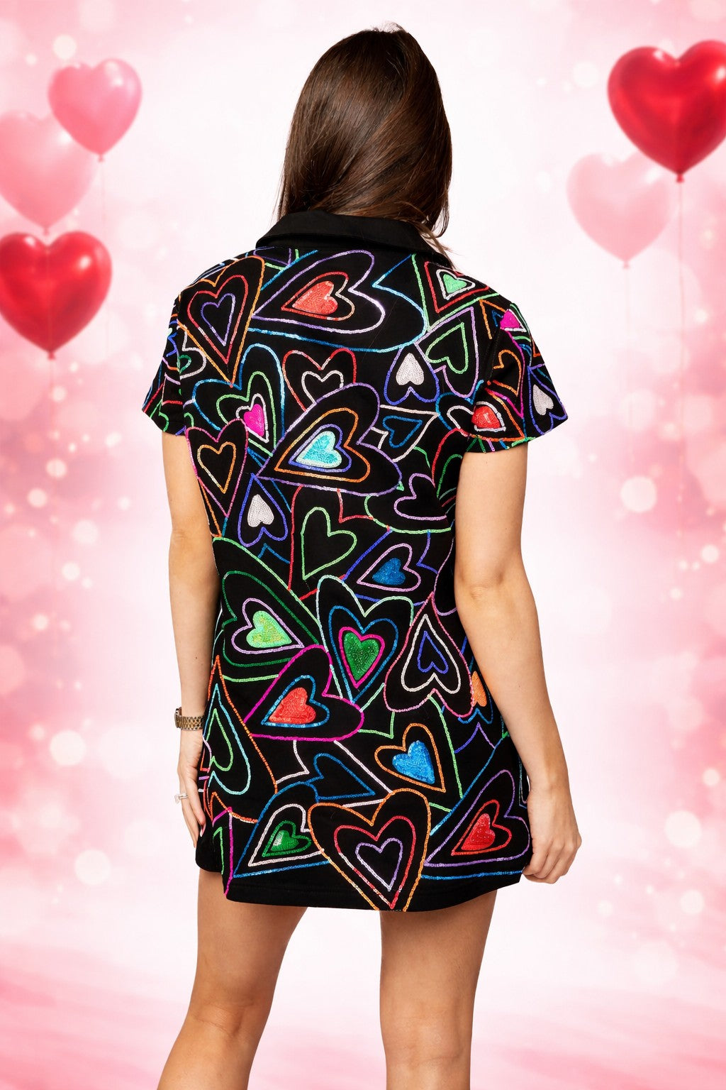 Queen of Sparkles Black Groovy Sequin Heart Collared Short Sleeve Dress-mini dress-Queen Of Sparkles-Deja Nu Boutique, Women's Fashion Boutique in Lampasas, Texas