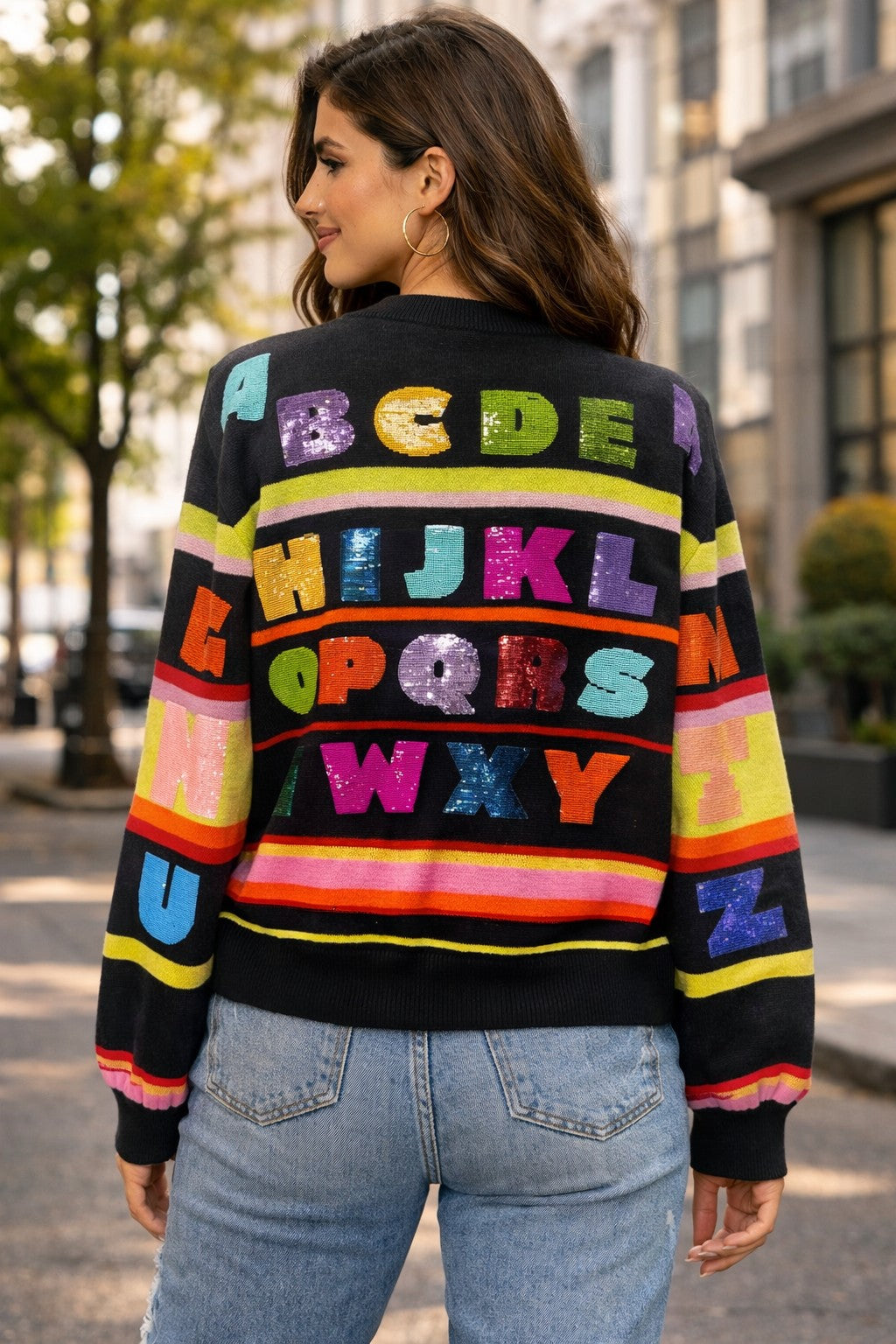 Queen of Sparkles Black Multi ABC’s Sweater-Sweaters-Queen Of Sparkles-Deja Nu Boutique, Women's Fashion Boutique in Lampasas, Texas