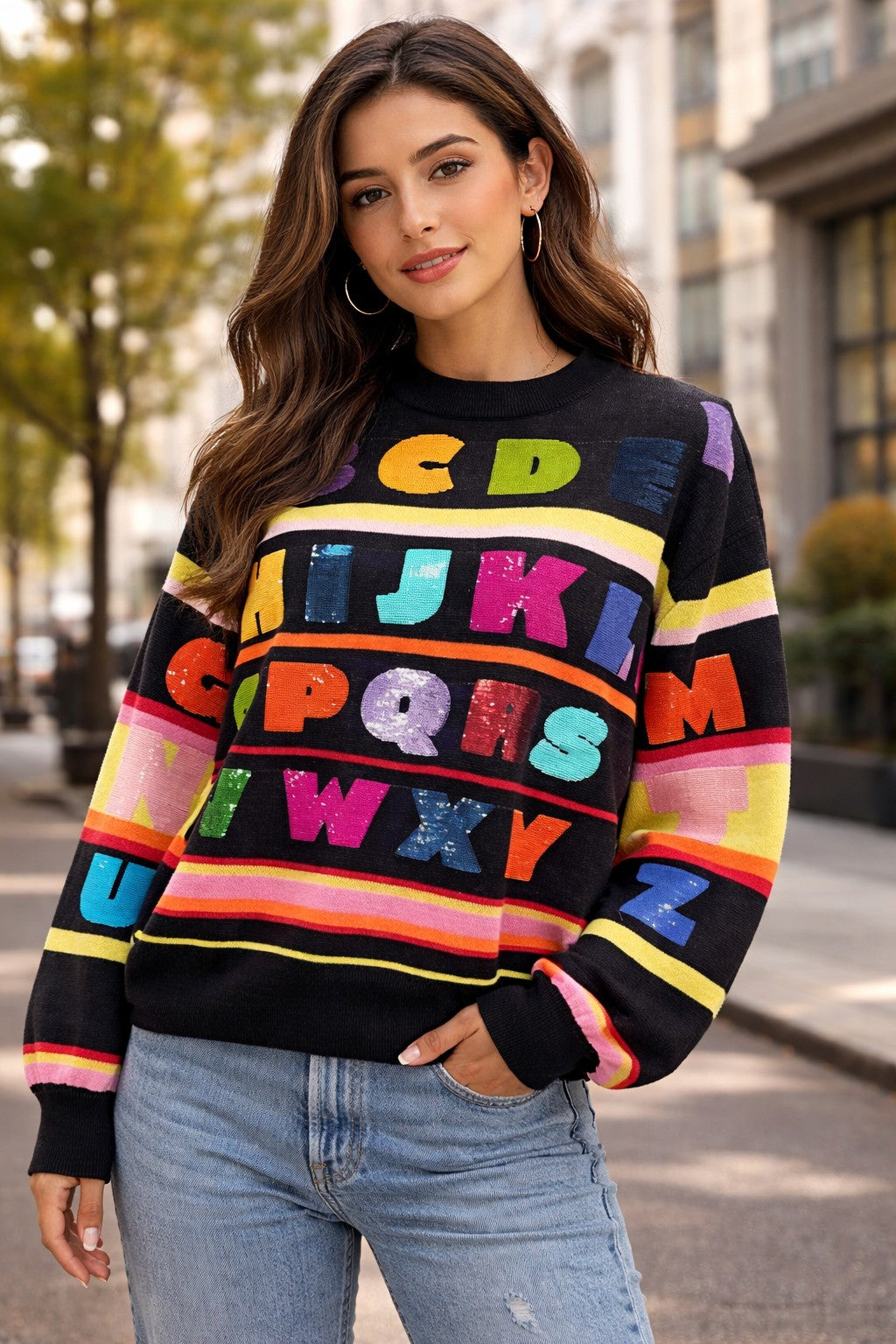 Queen of Sparkles Black Multi ABC’s Sweater-Sweaters-Queen Of Sparkles-Deja Nu Boutique, Women's Fashion Boutique in Lampasas, Texas