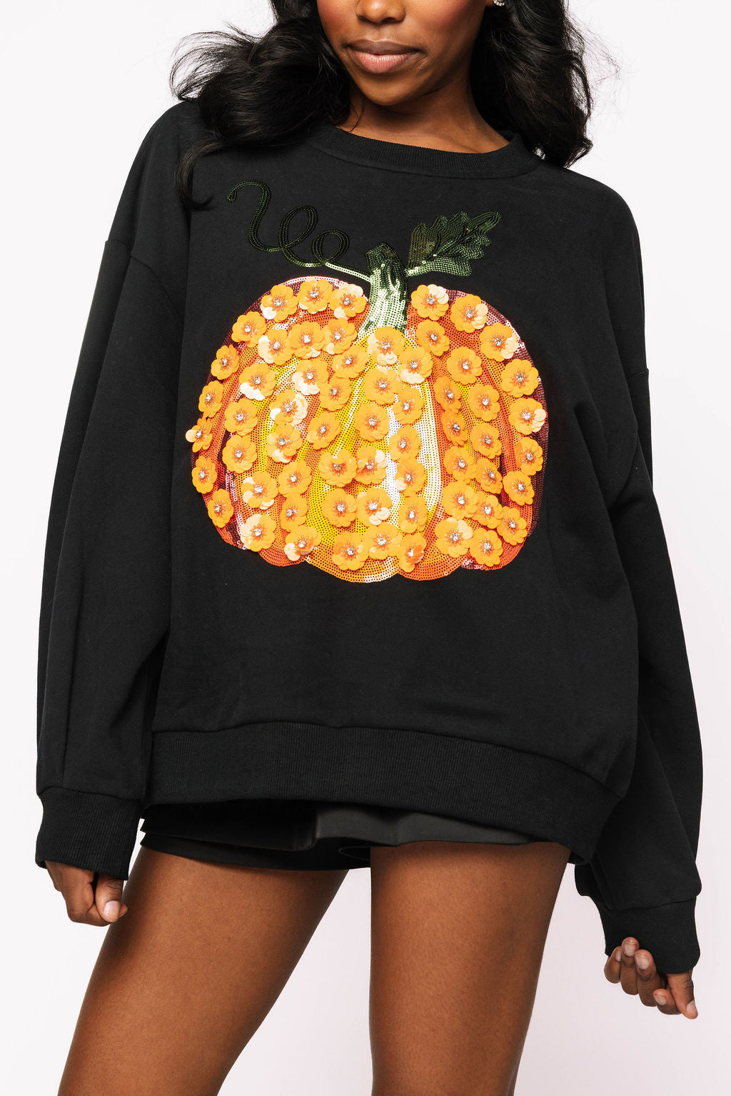 Queen of Sparkles Black & Orange Flower Sequin Pumpkin Sweatshirt-sweatshirt-Queen Of Sparkles-Deja Nu Boutique, Women's Fashion Boutique in Lampasas, Texas