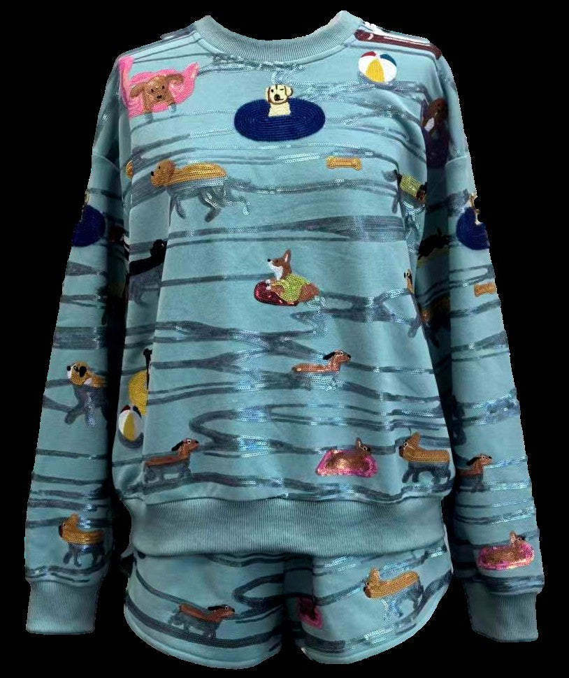 Queen of Sparkles Blue Dogs Swimming on Floats Sweatshirt-sweatshirt-Queen Of Sparkles-Deja Nu Boutique, Women's Fashion Boutique in Lampasas, Texas