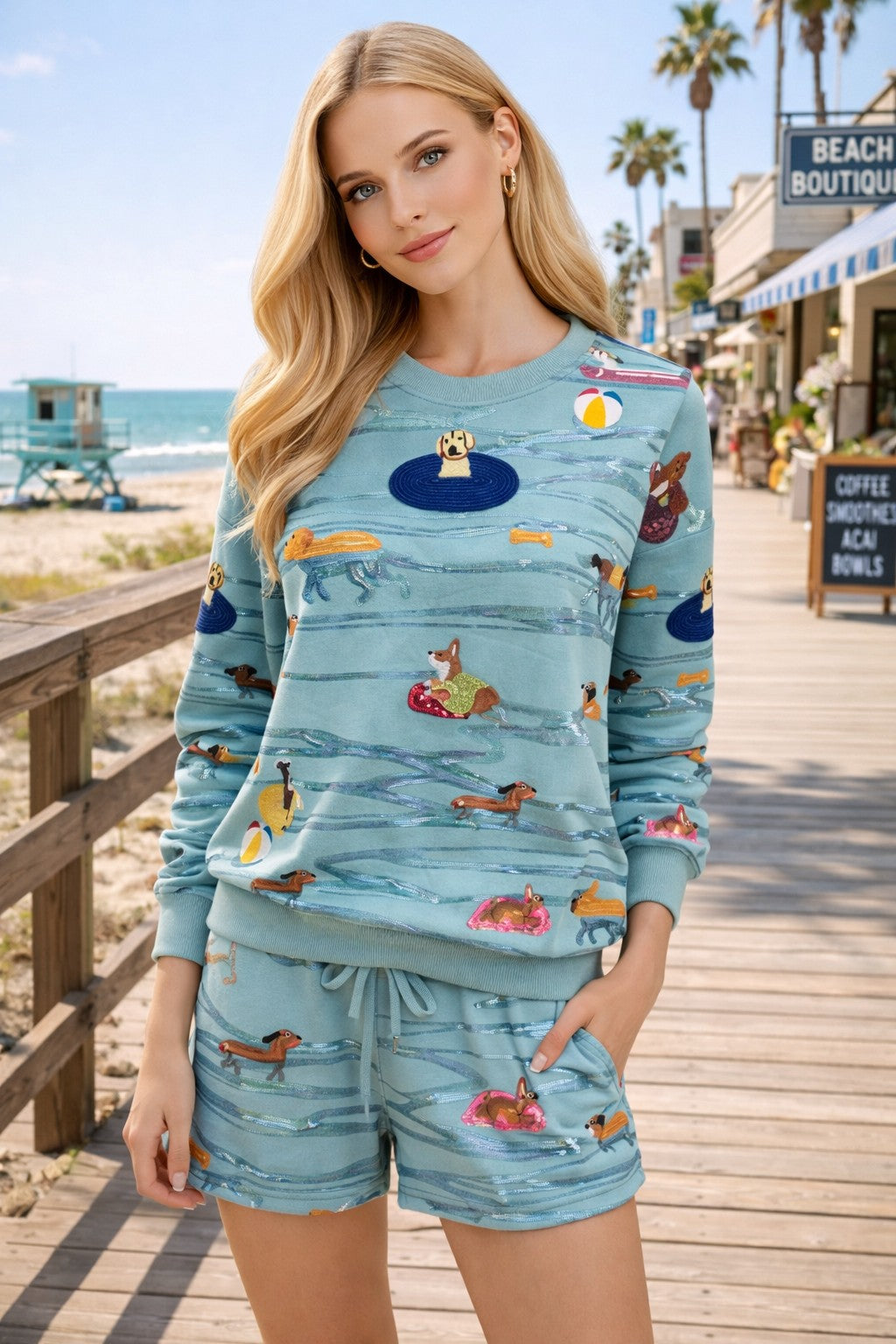 Queen of Sparkles Blue Dogs Swimming on Floats Sweatshirt-sweatshirt-Queen Of Sparkles-Deja Nu Boutique, Women's Fashion Boutique in Lampasas, Texas