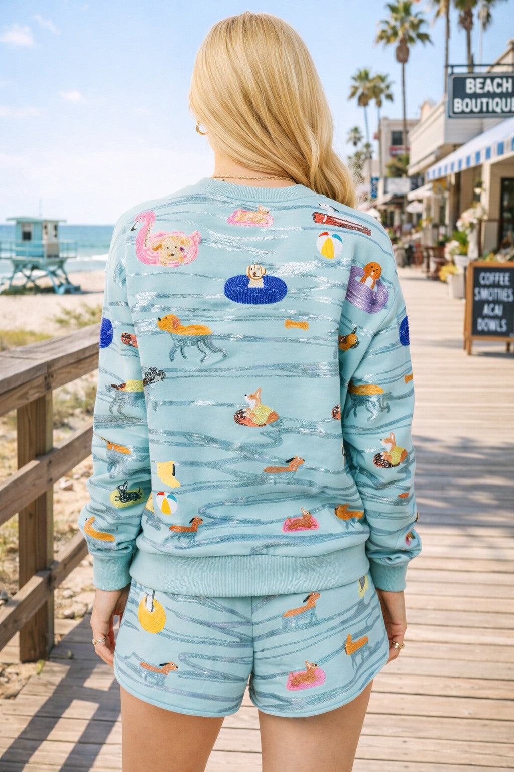 Queen of Sparkles Blue Dogs Swimming on Floats Sweatshirt-sweatshirt-Queen Of Sparkles-Deja Nu Boutique, Women's Fashion Boutique in Lampasas, Texas