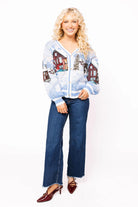Queen of Sparkles Blue & White Snowy Town Scene Button Up Cardigan-Cardigans & Kimonos-Queen Of Sparkles-Deja Nu Boutique, Women's Fashion Boutique in Lampasas, Texas