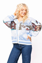 Queen of Sparkles Blue & White Snowy Town Scene Button Up Cardigan-Cardigans & Kimonos-Queen Of Sparkles-Deja Nu Boutique, Women's Fashion Boutique in Lampasas, Texas