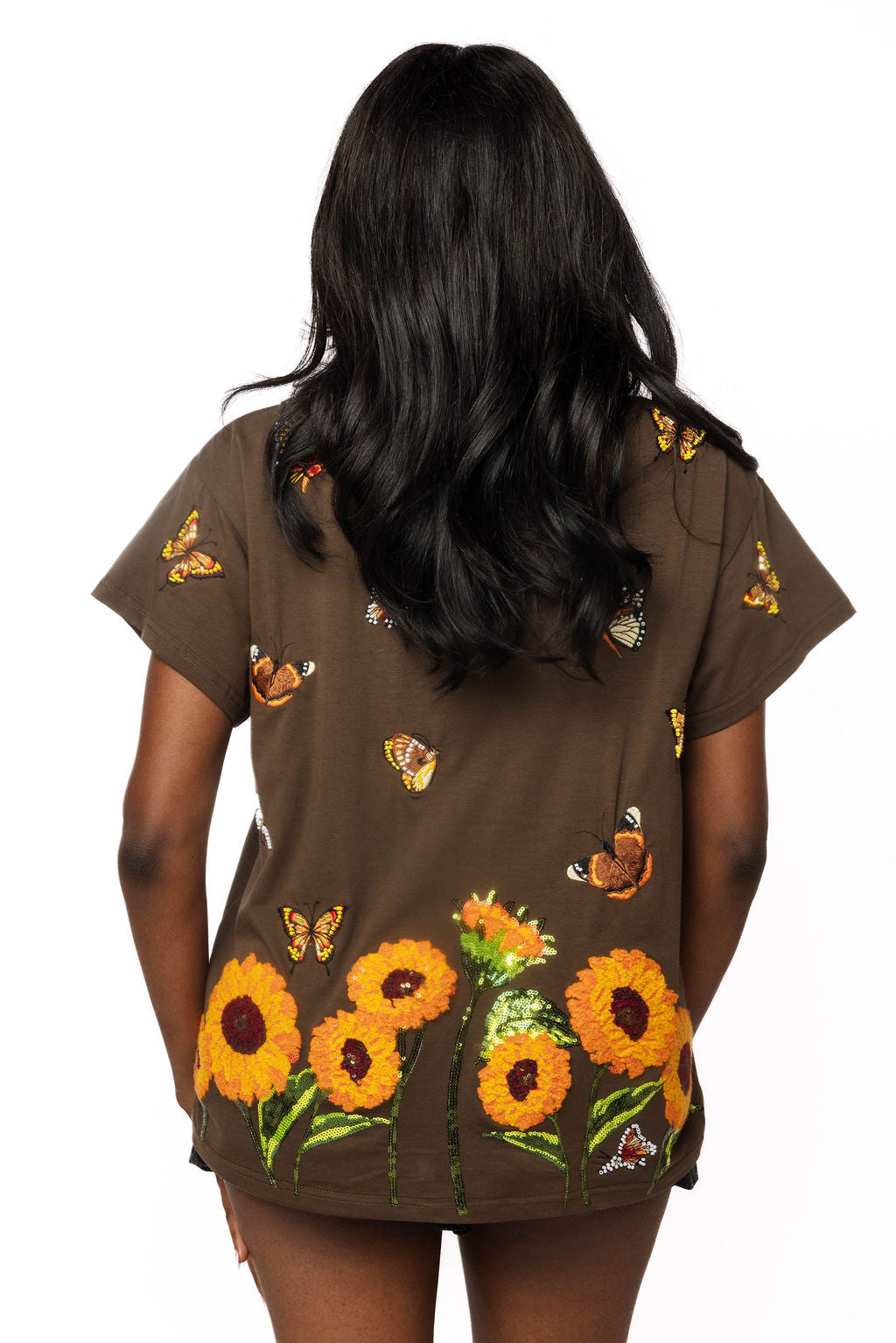 Queen of Sparkles Brown Beaded Butterfly & Sunflower Tee-T-Shirts-Queen Of Sparkles-Deja Nu Boutique, Women's Fashion Boutique in Lampasas, Texas