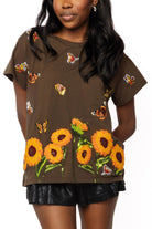 Queen of Sparkles Brown Beaded Butterfly & Sunflower Tee-T-Shirts-Queen Of Sparkles-Deja Nu Boutique, Women's Fashion Boutique in Lampasas, Texas