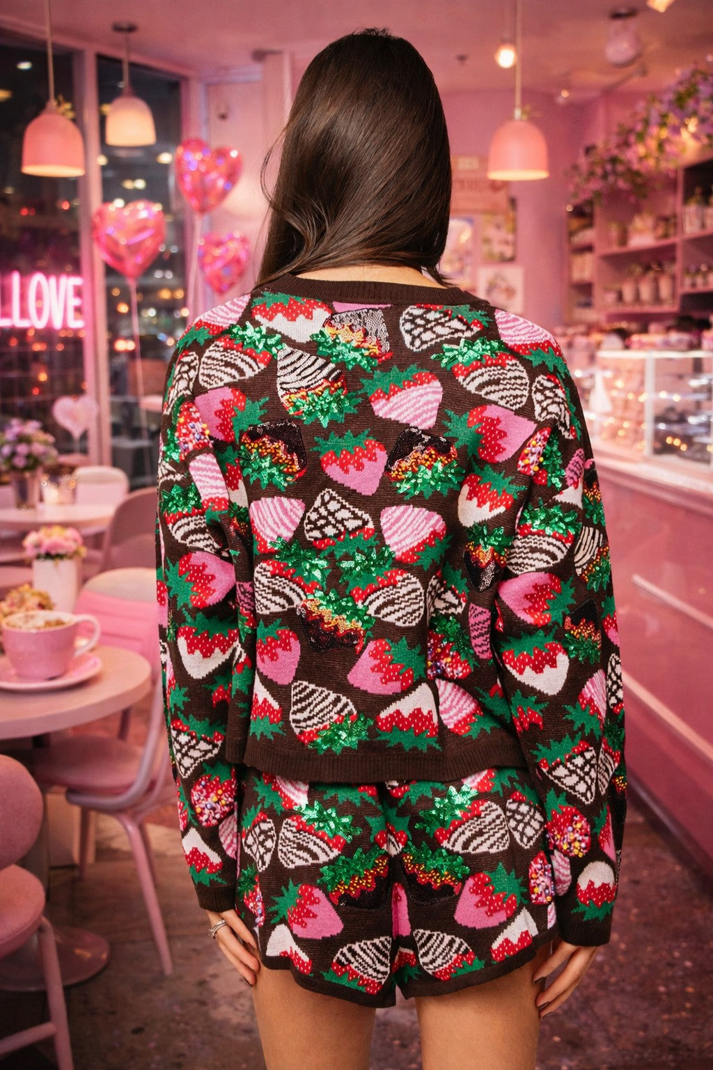 Queen of Sparkles Brown Multi Sequin Strawberry Tie-Up Sweater-Sweaters-Queen Of Sparkles-Deja Nu Boutique, Women's Fashion Boutique in Lampasas, Texas