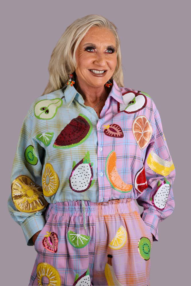 Queen of Sparkles Colorblock Plaid Fruit Button Up Collar Long Sleeve Top-Tops-Queen Of Sparkles-Deja Nu Boutique, Women's Fashion Boutique in Lampasas, Texas