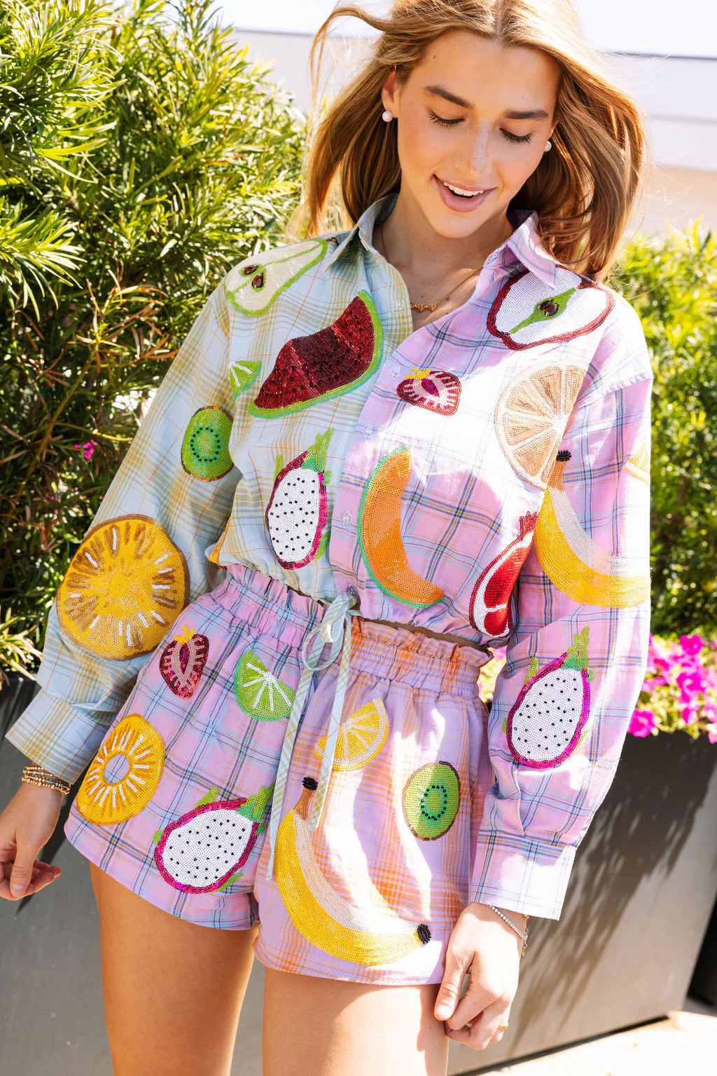 Queen of Sparkles Colorblock Plaid Fruit Button Up Collar Long Sleeve Top-Tops-Queen Of Sparkles-Deja Nu Boutique, Women's Fashion Boutique in Lampasas, Texas