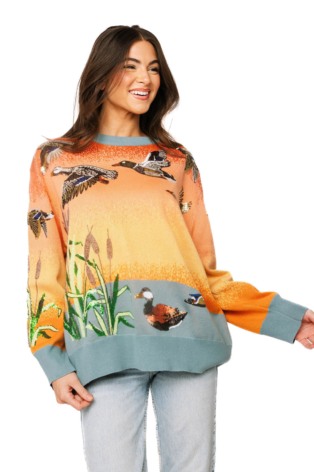 Queen of Sparkles Ducks Flying Sunrise Sweater-Sweaters-Queen Of Sparkles-Deja Nu Boutique, Women's Fashion Boutique in Lampasas, Texas