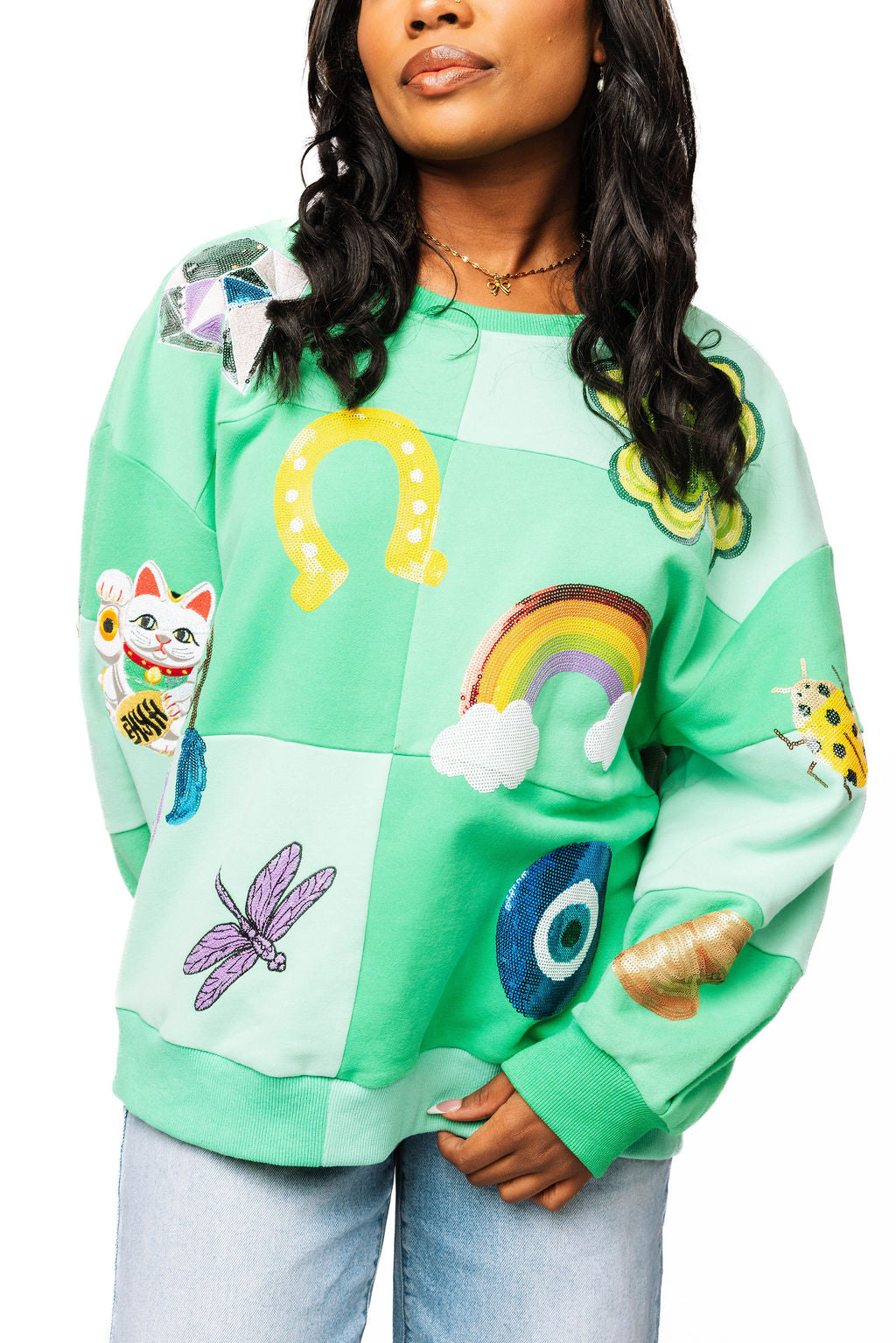 Queen of Sparkles Green Checkered Lucky Icon Sweatshirt-sweatshirt-Queen Of Sparkles-Deja Nu Boutique, Women's Fashion Boutique in Lampasas, Texas