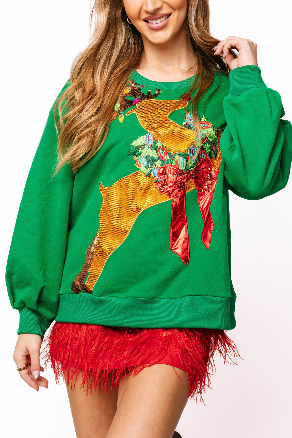 Queen of Sparkles Green Rhinestone Rudolph Wearing A Wreath Sweatshirt-Tops-Queen Of Sparkles-Deja Nu Boutique, Women's Fashion Boutique in Lampasas, Texas